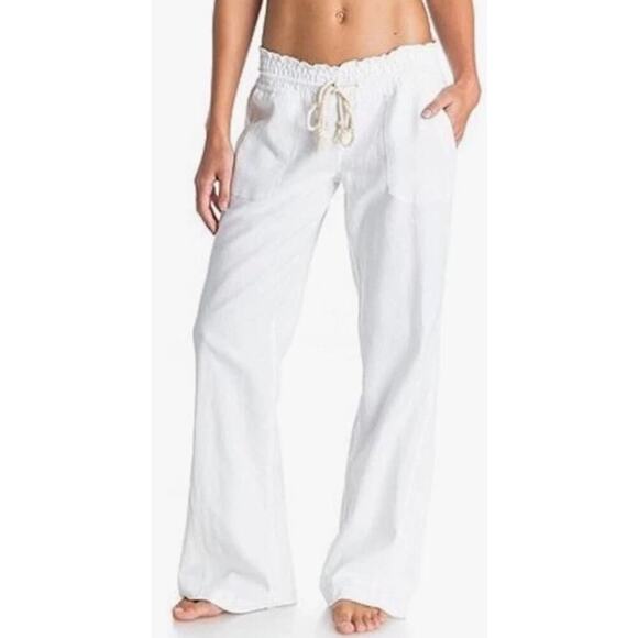 Roxy Oceanside Pants Sea Salt White Beach Relaxed Linen Low Rise Flared Baggy M - Picture 2 of 11